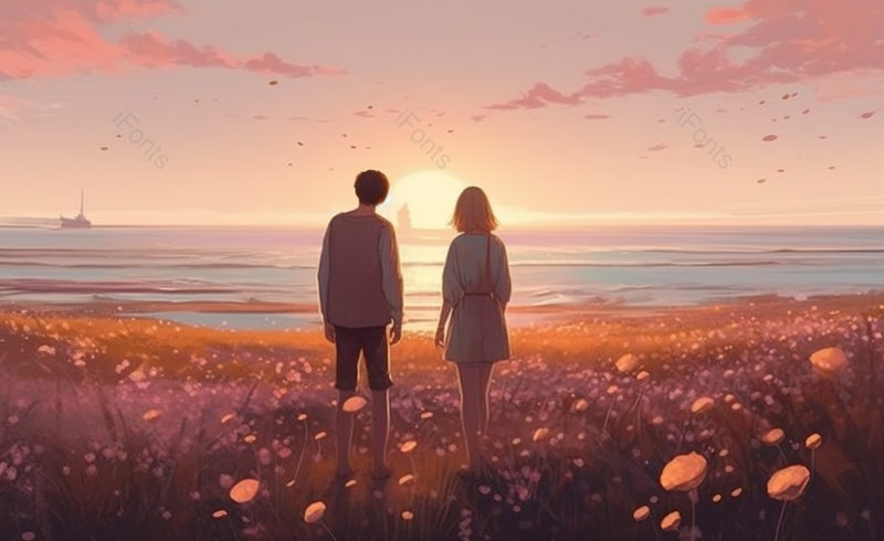 情侣海边花海背影520情人节手绘场景,插画/手绘图,插画/手绘图库,插画/手绘图下载,插画/手绘